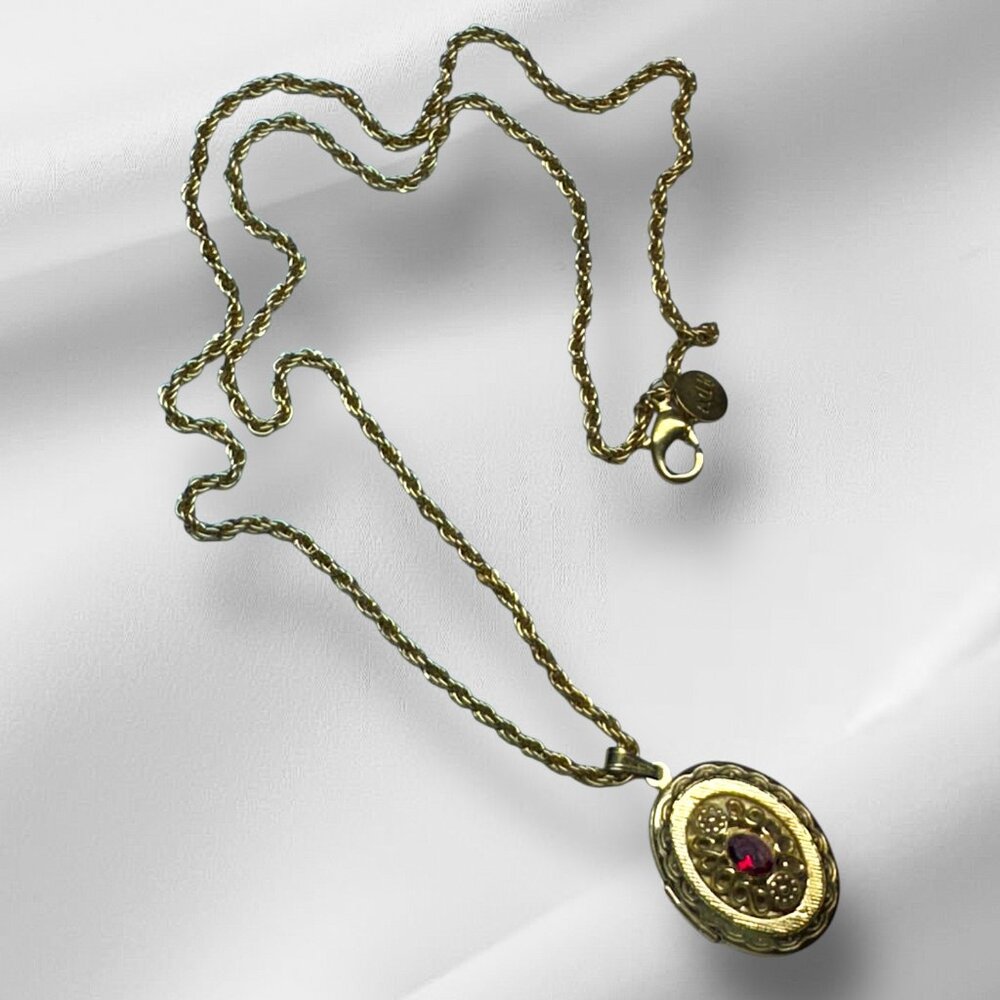 Gold Tone Chain Necklace Oval Photo Locket and Red Stone Marked ADF